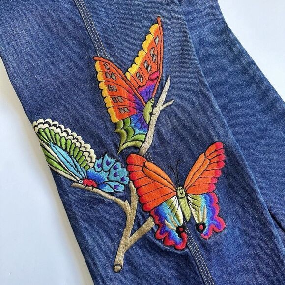 Vintage 70s Vik Vizette Flare Jeans Denim Embroidered Butterflies Blue Size 26 - Picture 2 of 12